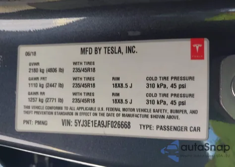 2018 Tesla Model 3 Long Range/Mid Range из США, поврежденный, VIN 5YJ3E1EA9JF026668